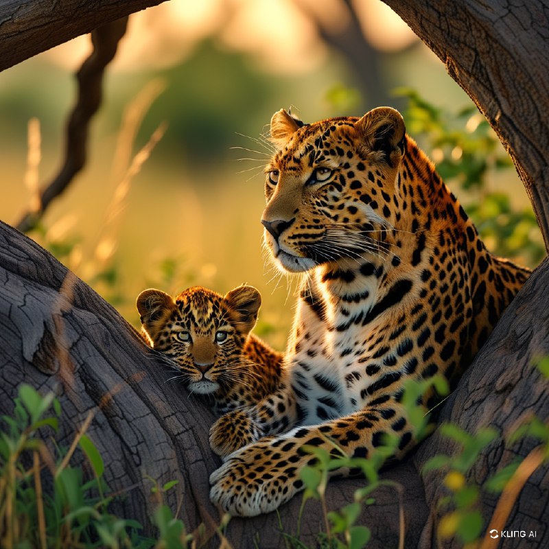 #Bing_Wallpaper“在博茨瓦纳贾奥自然保护区茂密的绿色荒野中，一只母豹正温柔地为她那顽皮的小豹梳理毛发，二者优雅地栖息在一棵粗壮而沧桑的树干上，构成了一幅宁静而暖心的画面