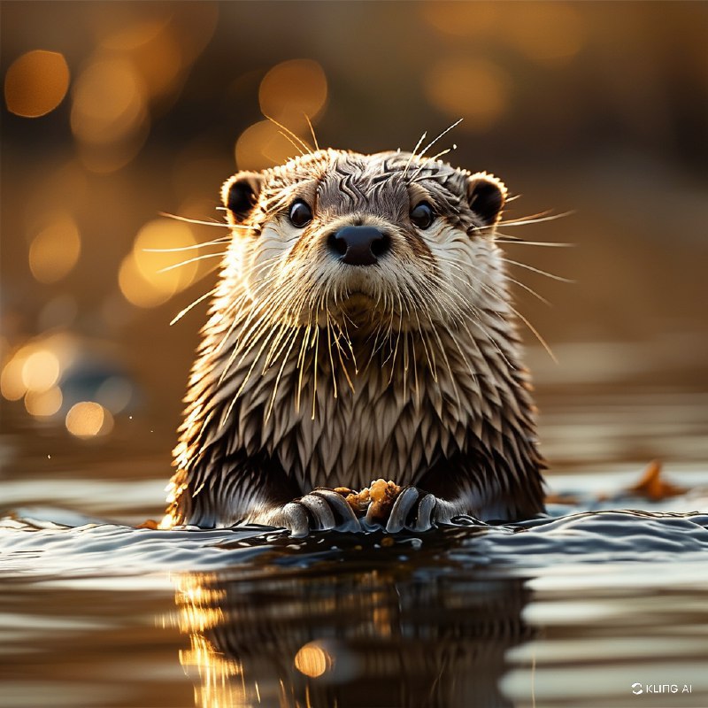 #Bing_Wallpaper夕阳时分，一只欧亚水獭从平静而金黄的水面中浮现的特写镜头