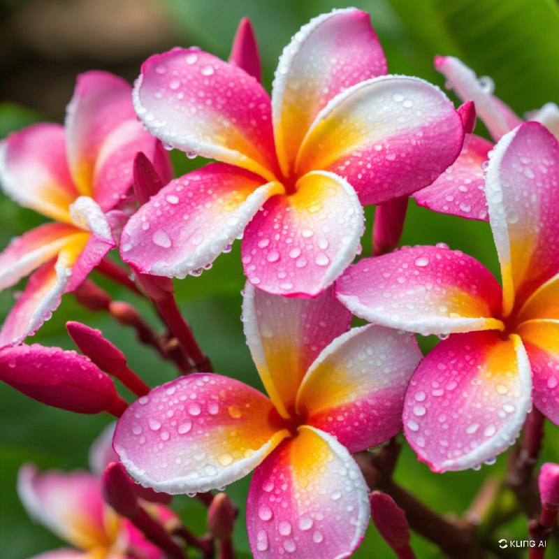 #Bing_Wallpaper"特写镜头展示鲜艳的粉红色和黄色鸡蛋花（缅栀花），花瓣上点缀着新鲜的露珠，在阳光下柔和地闪耀光芒