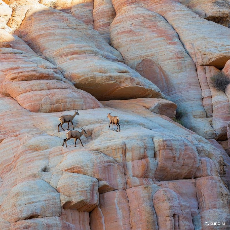 #Bing_Wallpaper两只沙漠大角羊优雅地穿行于阳光照耀下内华达州火焰谷州立公园崎岖的地形上，栖息在色调柔和的砂岩地貌上