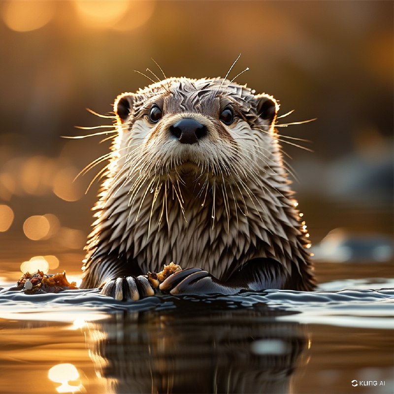 #Bing_Wallpaper夕阳时分，一只欧亚水獭从平静而金黄的水面中浮现的特写镜头