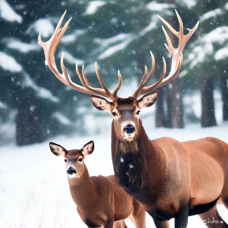 #Bing_Wallpaper“壮丽的加拿大森林景色，一头高贵的雄鹿伴着高耸的鹿角，守护地站在一只温柔的雌鹿旁边，它们浓密的红褐色毛皮与洁白的雪景形成美丽的对比，空中飘舞着精致的雪花，营造出一种超然的冬日氛围，背景中轻微模糊的积雪覆盖的常青树衬托其意境，毛皮与雪的复杂纹理在自然柔和的光线下被凸显出来，捕捉到了自然的优雅与宁静，电影般的构图，超写实的渲染，细腻的细节与生动的色彩