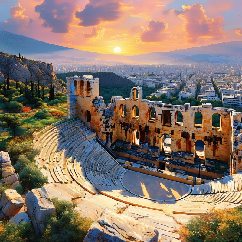 #Bing_Wallpaper“在希腊雅典卫城脚下的赫罗德·阿提库斯剧场，一场壮丽的金色日落庆祝着古典戏剧