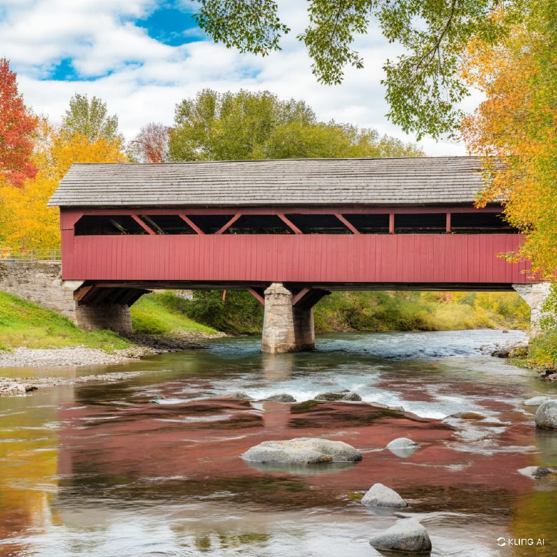 这是一幅风景如画的画面，一座历史悠久的有顶桥梁横跨宁静的河流，周围是生机勃勃的秋叶，展现了大自然的美丽、温暖的色调、宁静的氛围、晴朗的天空、水面上的倒影、风景摄影、乡村魅力、遗产建筑