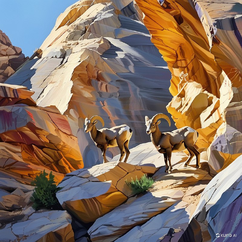 #Bing_Wallpaper两只沙漠大角羊优雅地穿行于阳光照耀下内华达州火焰谷州立公园崎岖的地形上，栖息在色调柔和的砂岩地貌上