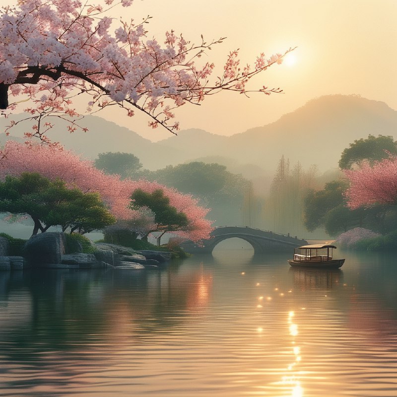 #Bing_Wallpaper“杭州春日静谧，满开的娇嫩樱花勾勒出如画的景色，在柔和的金色阳光下环绕着一片宁静的湖泊，传统的中国小船轻轻漂浮在如镜的水面上，远处一座拱形石桥隐没在清晨的薄雾中，郁郁葱葱的树木掺杂着粉色与绿色，形成鲜明的对比，氛围弥漫着梦幻般的宁静，捕捉了中国春日天堂的迷人之美