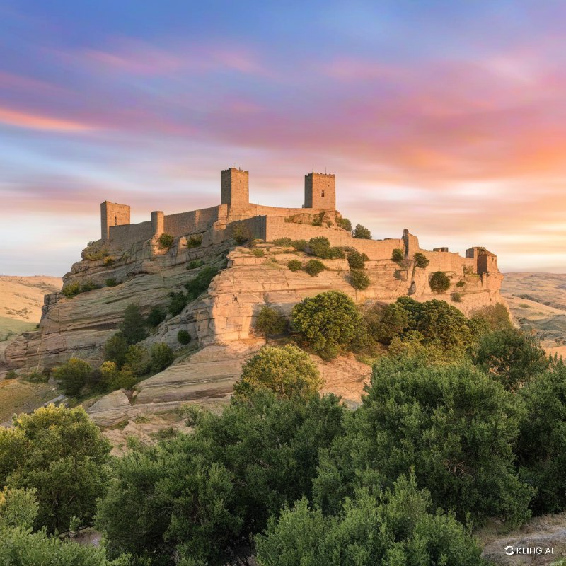 #Bing_WallpaperA majestic ancient castle perched atop a rocky cliff, surrounded by a vast, rugged landscape with sparse greenery. The sky is painted with a stunning, colorful sunset, casting a warm, golden light over the scene. The castle's towers and stone walls are bathed in this dramatic lighting, enhancing its historical and mystical aura. The overall atmosphere is one of awe and timeless beauty.一座雄伟的古老城堡坐落在陡峭的岩石悬崖上，周围是广阔而崎岖的地形，零星点缀着稀疏的绿色植被