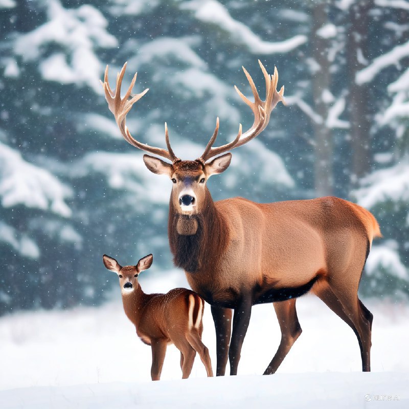 #Bing_Wallpaper“壮丽的加拿大森林景色，一头高贵的雄鹿伴着高耸的鹿角，守护地站在一只温柔的雌鹿旁边，它们浓密的红褐色毛皮与洁白的雪景形成美丽的对比，空中飘舞着精致的雪花，营造出一种超然的冬日氛围，背景中轻微模糊的积雪覆盖的常青树衬托其意境，毛皮与雪的复杂纹理在自然柔和的光线下被凸显出来，捕捉到了自然的优雅与宁静，电影般的构图，超写实的渲染，细腻的细节与生动的色彩