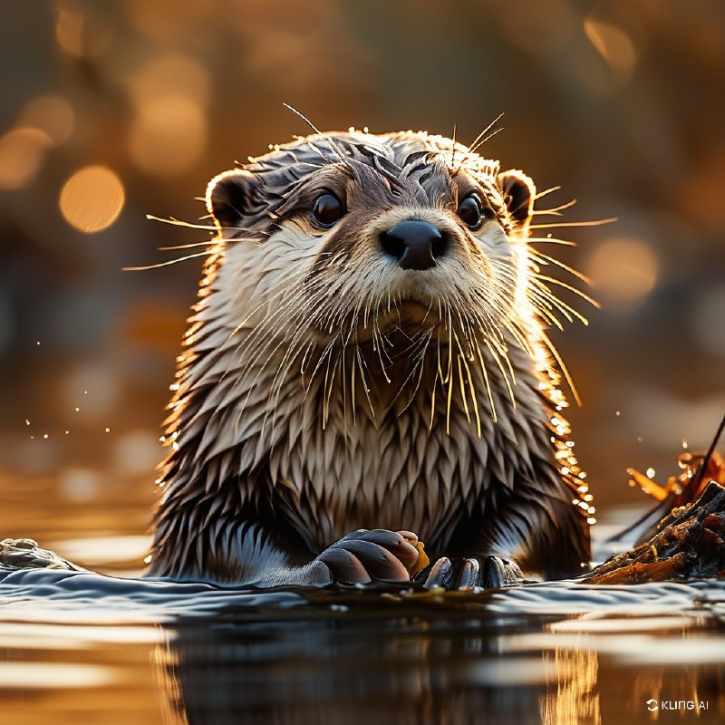#Bing_Wallpaper夕阳时分，一只欧亚水獭从平静而金黄的水面中浮现的特写镜头