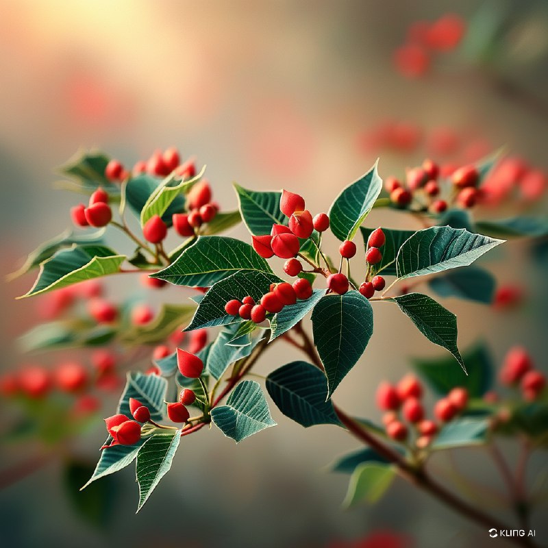 #Bing_Wallpaper"特写镜头下，一枝盛开的圣诞花被鲜红的苞片和小花蕾点缀