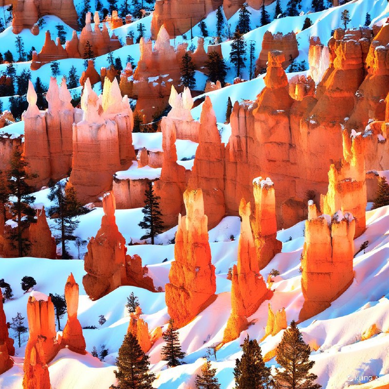 #Bing_Wallpaper雄伟的砂岩岩柱在犹他州布莱斯峡谷国家公园的洁白雪床上戏剧性地矗立，橙红色与火红色的石柱在日出或日落时的柔光下散发着金色的光辉