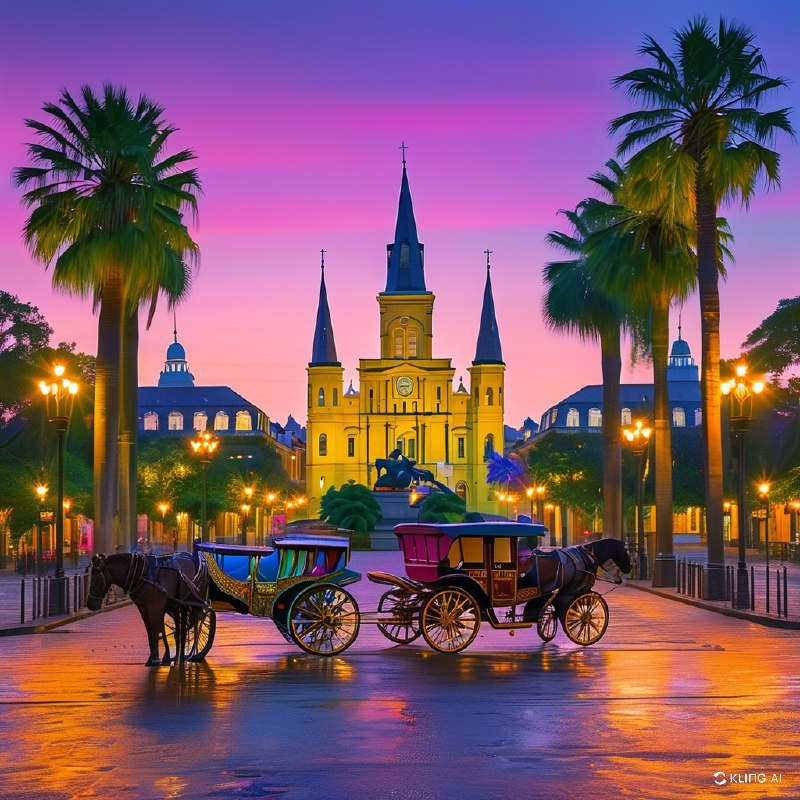 #Bing_Wallpaper"在路易斯安那州新奥尔良热闹的狂欢节庆典中，壮丽的杰克逊广场呈现出迷人的景象，辉煌灯光照耀下的圣路易斯大教堂以其标志性的尖塔矗立其中，被茂密的绿树和历史悠久的建筑映衬