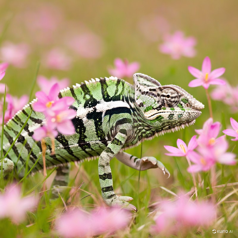 #Bing_Wallpaper“一只伪装成浅粉色野花草地的变色龙，巧妙地与周围环境融为一体，却又凭借其复杂的纹理图案在米色、橄榄绿和深棕色的不同色调中微微凸显出来