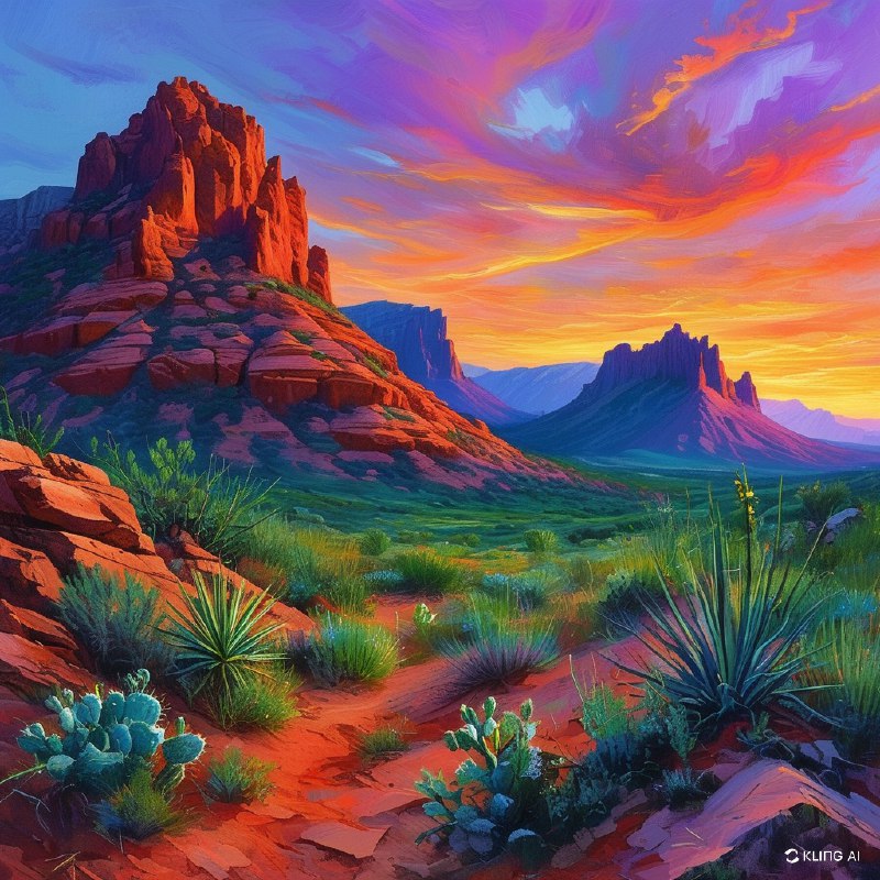 #Bing_Wallpaper“亚利桑那州塞多纳雄伟的红岩地貌，在一个充满活力的暮色天空下显得格外壮观，天空色彩迷离，紫色、粉色和蓝色交织，仿佛情感与能量的旋涡；崎岖的砂岩峭壁散发着温暖的琥珀色与深红色调，其间点缀着茂密的绿色沙漠植被；前景展现了沙漠植物的细节，包括鼠尾草和仙人掌，与土红色的地面形成鲜明对比；整个场景的鲜明宁静唤起一种神秘而超凡的氛围，画面以高度写实的高清风格呈现，巧妙平衡了戏剧性的光线与柔和的自然色彩