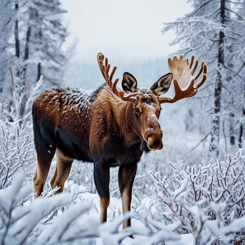 #Bing_Wallpaper"创造一个令人叹为观止的场景：在阿拉斯加德纳利国家公园的雪景中，一只母麋鹿伫立其中，眼神狂野而深邃