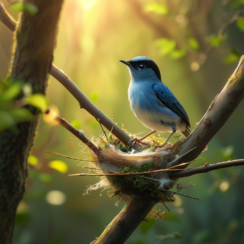 #Bing_Wallpaper“一个静谧温暖的场景，描绘了一只娇小的雌性黑枕王鹟正在两根纤细的树枝交叉处，专注地筑着她舒适的小巢