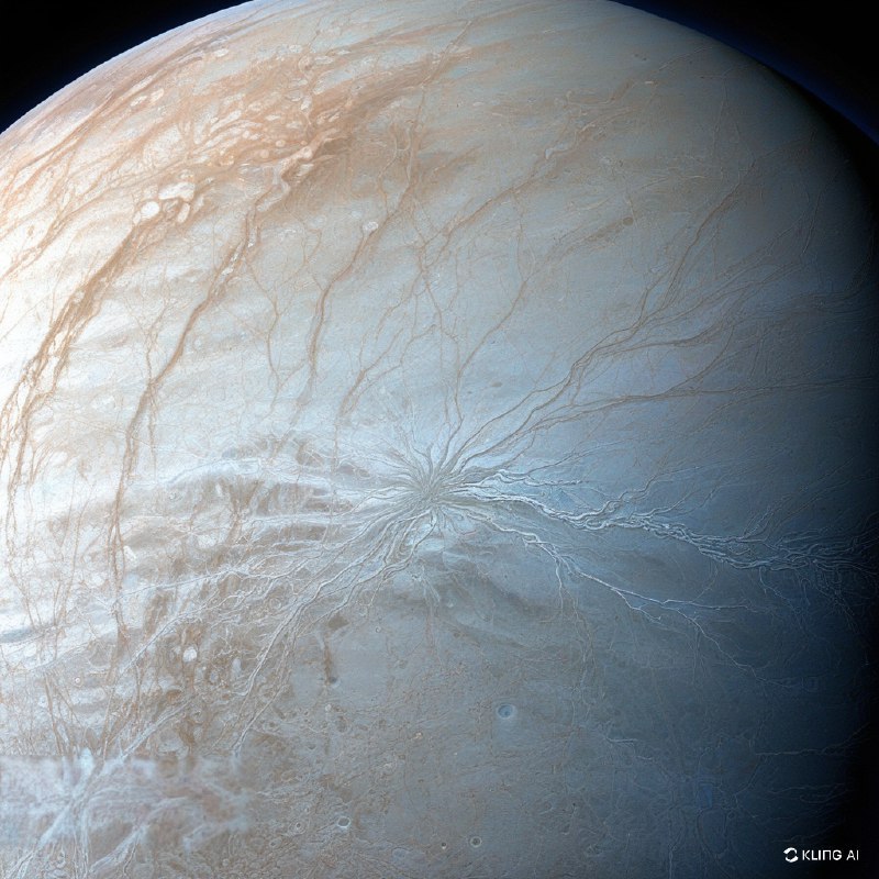 木星的冰质卫星欧罗巴的细致逼真的描绘，在太空背景下展示了其龟裂的冰质表面以及复杂的脊线细节