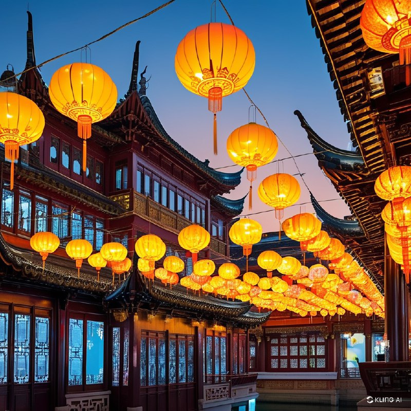 #Bing_Wallpaper上海豫园元宵灯会期间充满活力且喜庆的场景，背景是一片清朗的夜空