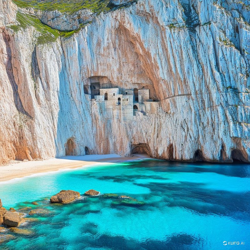 #Bing_Wallpaper“在意大利撒丁岛苏尔基斯-伊格莱西恩特地区的弗拉维亚港，一座雄伟的海岸悬崖展现出戏剧性的石灰岩峭壁，峭壁中镶嵌着一座神秘且古老的工业建筑，隐匿于巨大的白色与赭色石块之中