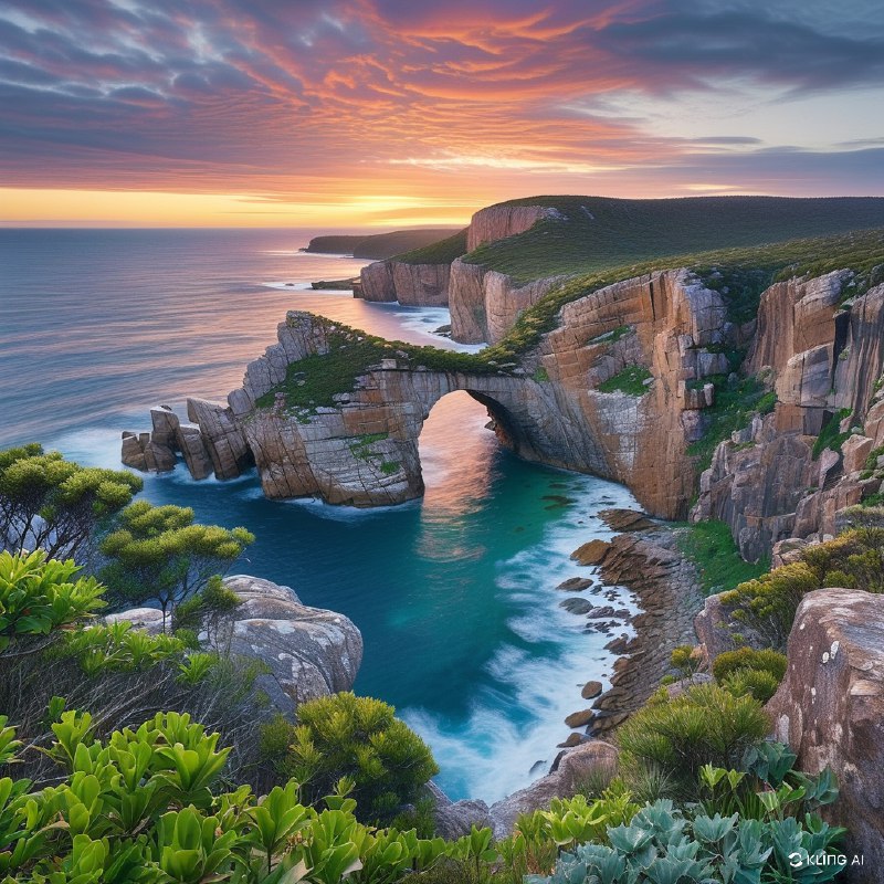 #Bing_Wallpaper令人叹为观止的海边天然拱门，周围是崎岖的悬崖和郁郁葱葱的树木，在壮丽的天空下，澳大利亚塔斯马尼亚州#Bing_Wallpaper令人叹为观止的海边天然拱门，周围是崎岖的悬崖和郁郁葱葱的树木，在壮丽的天空下，澳大利亚塔斯马尼亚州