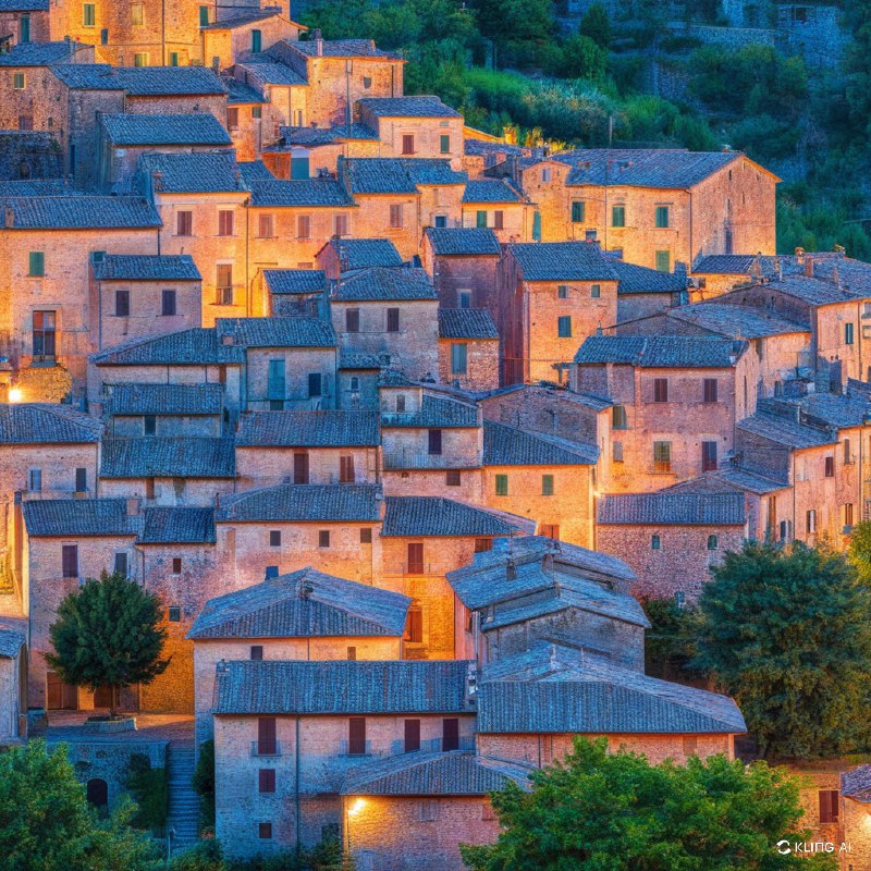 一个风景如画的意大利村庄坐落在山谷中，石头建筑充满乡村韵味，温暖的晚间灯光照亮了整个场景，鹅卵石小路蜿蜒穿过家家户户，周围是郁郁葱葱的绿色植物，宁静而富有历史气息，黄昏的天空