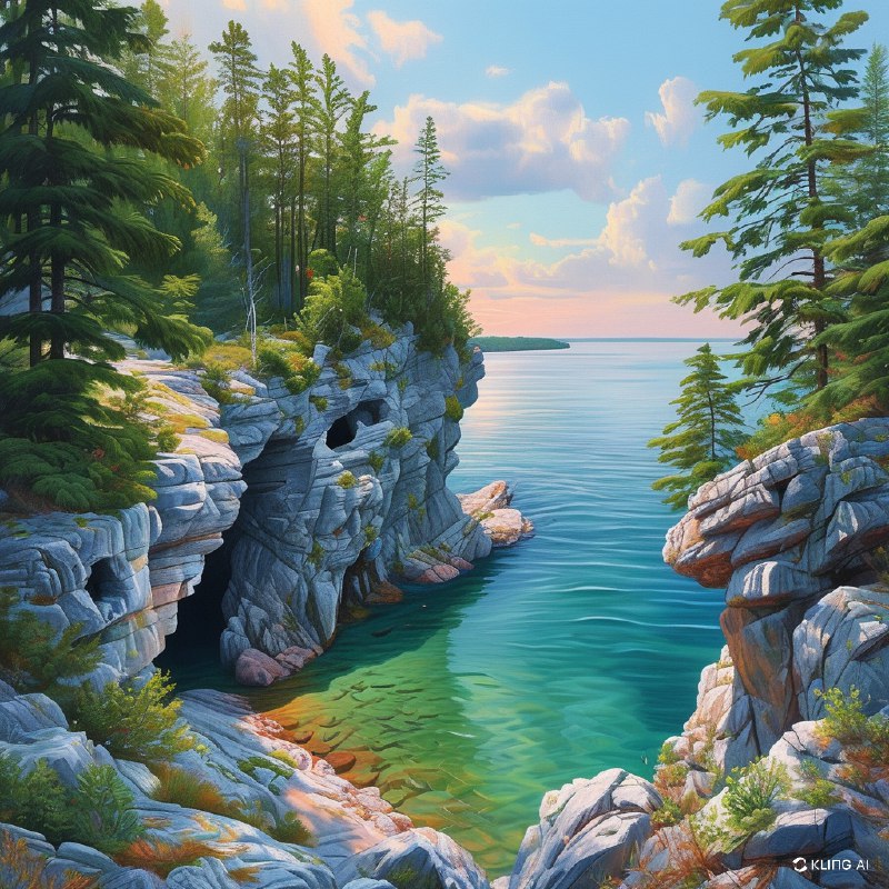 #Bing_Wallpaper“安大略省加拿大布鲁斯半岛国家公园，壮丽的悬崖俯瞰着一片宁静的碧绿海湾，周围环绕着茂密的常青树林