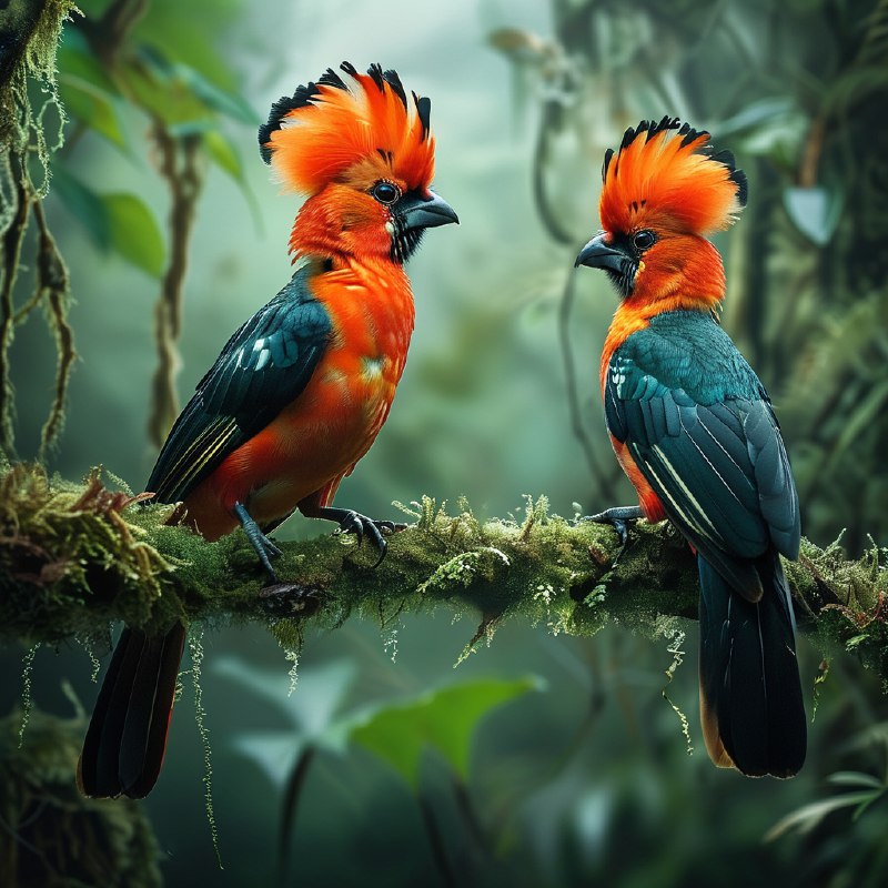 #Bing_Wallpaper两只色彩鲜艳的安第斯岩鸡栖息在厄瓜多尔茂密而雾气缭绕的雨林中，它们引人注目的红橙色羽冠在裹满苔藓的树枝和背景中模糊的绿色与棕色衬托下熠熠生辉