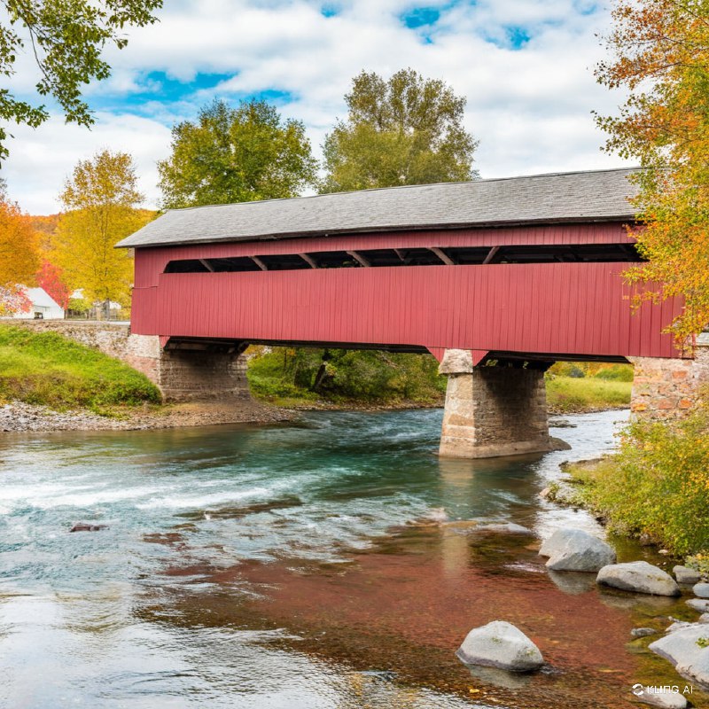 这是一幅风景如画的画面，一座历史悠久的有顶桥梁横跨宁静的河流，周围是生机勃勃的秋叶，展现了大自然的美丽、温暖的色调、宁静的氛围、晴朗的天空、水面上的倒影、风景摄影、乡村魅力、遗产建筑
