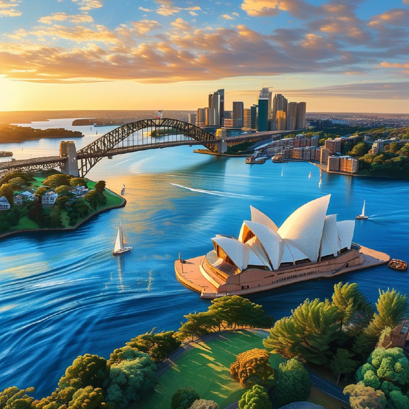 #Bing_Wallpaper"一幅令人叹为观止的悉尼港鸟瞰图，展示了位于澳大利亚新南威尔士州的标志性建筑悉尼歌剧院和海港大桥沐浴在黄昏的金色光辉中