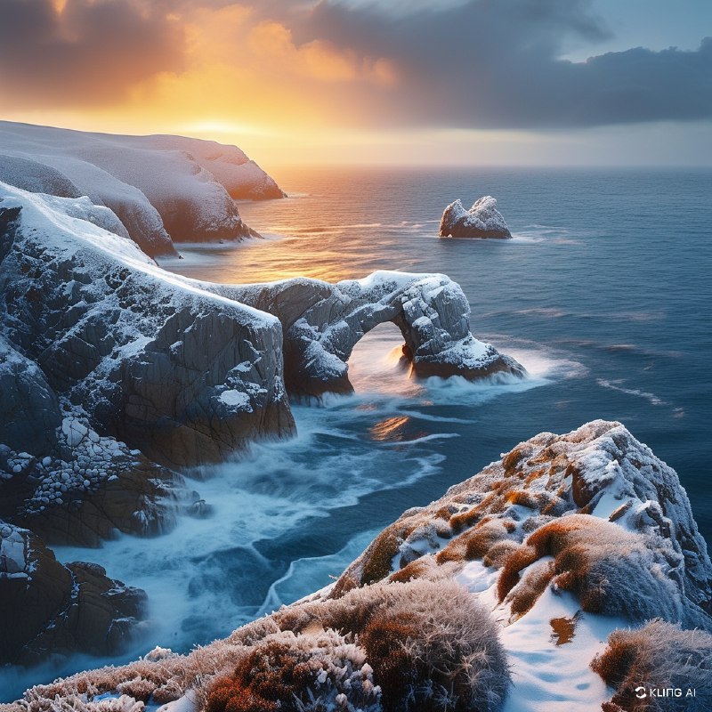 #Bing_Wallpaper超现实的冬季海景位于世界尽头，康沃尔兰兹角被白雪覆盖的悬崖，戏剧性拱形岩石从如梦似幻的海洋中出现，金橙色的日落为冰冷的景观投射出温暖的光辉，深蓝色海洋与白雪形成鲜明对比，崎岖地带上有薄霜的植被点缀，宁静却庄严的氛围，电影般非常细致的视觉风格，捕捉自然的迷人美丽与力量