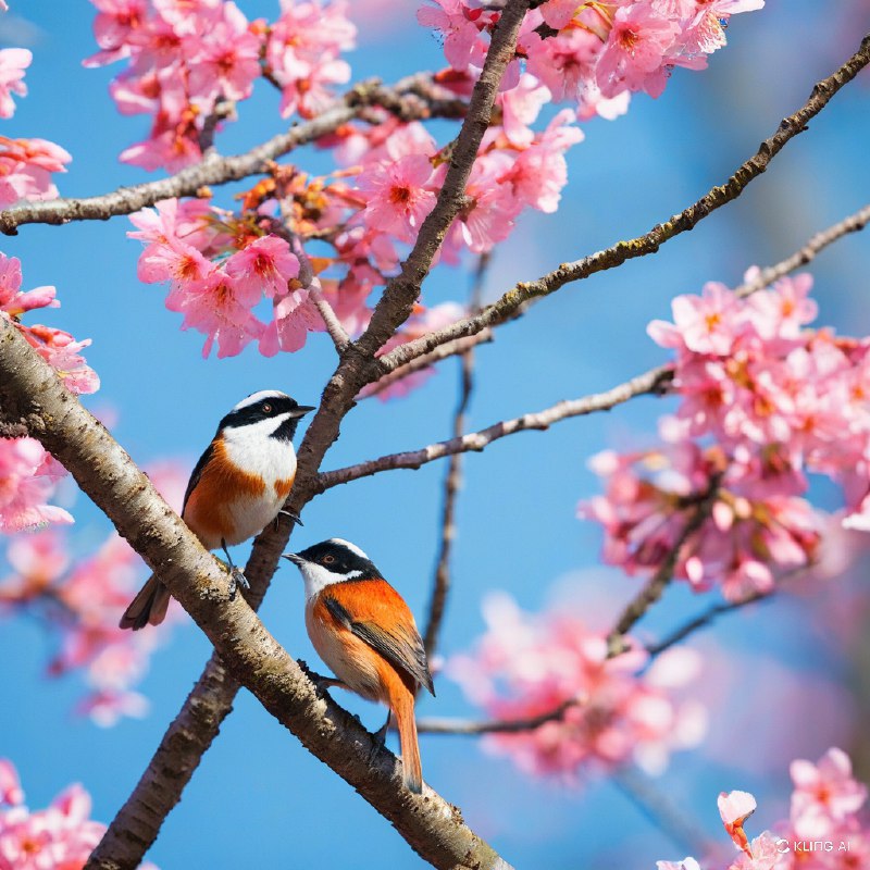 #Bing_Wallpaper两只活力十足的红头长尾山雀停在盛开的樱花树枝上，沐浴在清朗春日明媚的阳光中