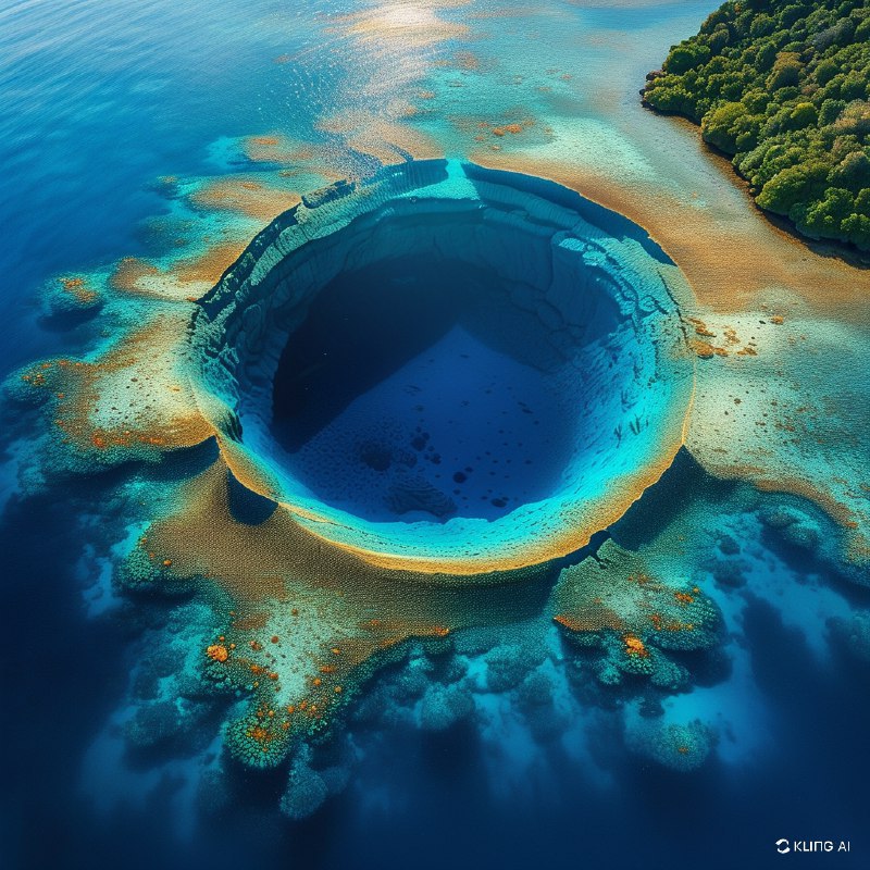 #Bing_Wallpaper“一幅令人叹为观止的俯瞰图展现了伯利兹的大蓝洞——一个巨大的水下天坑，被生机勃勃的珊瑚礁环绕