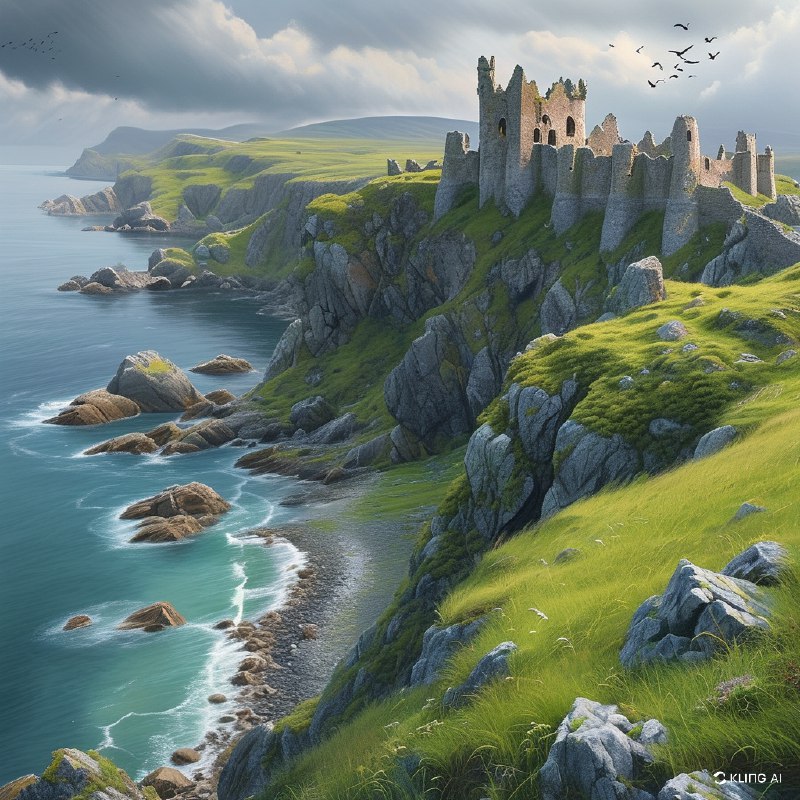 #Bing_Wallpaper"在崎岖悬崖上雄伟的中世纪城堡遗迹，位于北爱尔兰安特里姆的邓卢斯城堡俯瞰着广阔而宁静的海洋