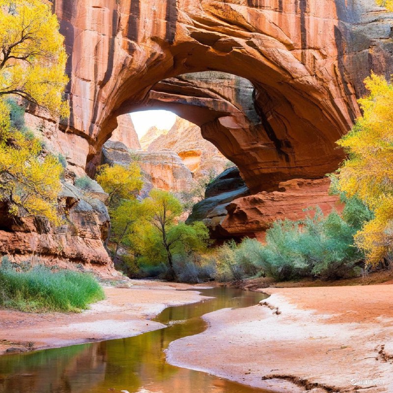 美国犹他州大峡谷休闲区，秋景，峡谷中的天然石拱门，周围环绕着金黄色的树木，溪水缓缓流淌，宁静的风景，温暖的光线，生动的色彩，写实的风格