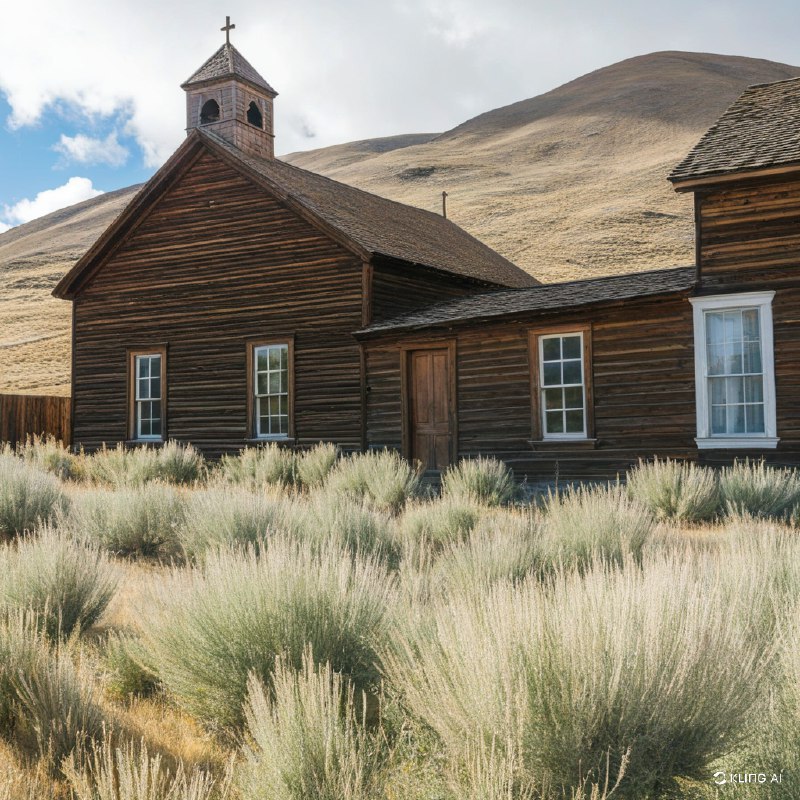 美国加利福尼亚州莫诺县博迪州立历史公园，一座历史悠久的鬼城，古老的木质建筑，杂草丛生，晴空万里