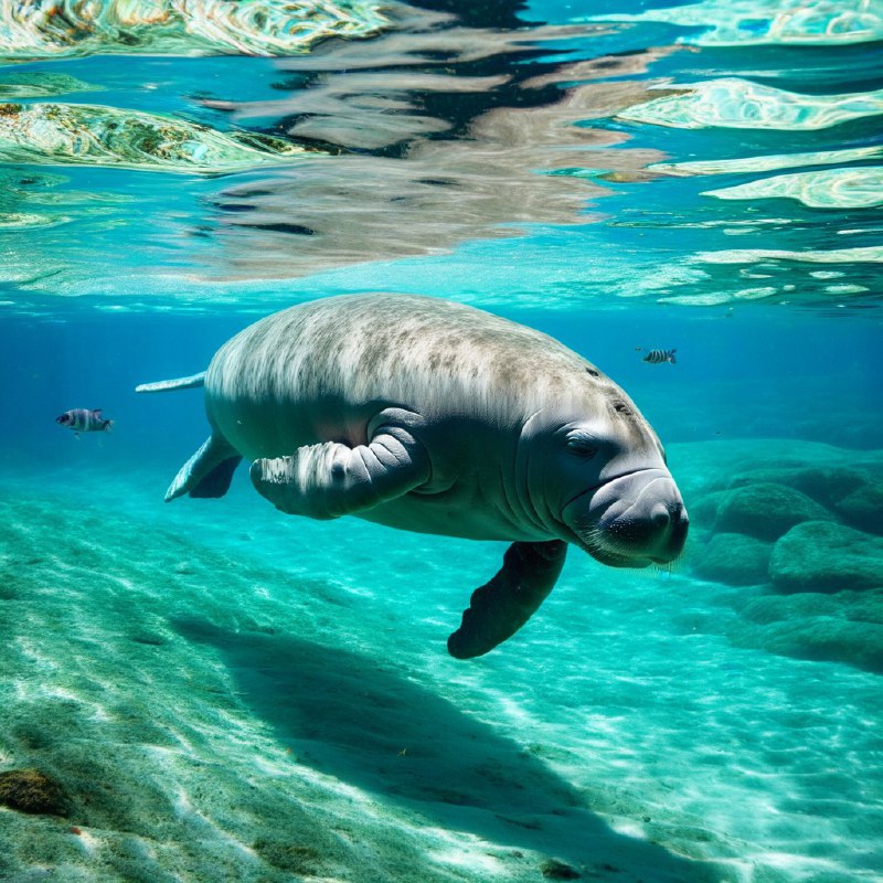 #Bing_Wallpaper在佛罗里达水晶河中的一个迷人的水下景象，一只温顺的海牛优雅地滑行在水面之下