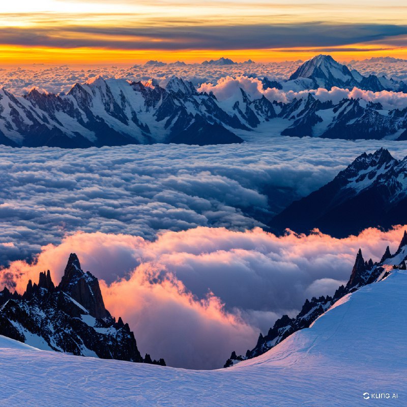 从霞慕尼眺望勃朗峰，日落时分云雾缭绕，雄伟的山峰和宁静的白雪覆盖的地貌尽收眼底，温暖的色调照亮了地平线