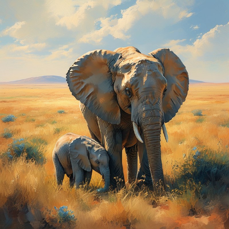 #Bing_Wallpaper两头沙漠大象——一头成年象和一头顽皮的小象——正在纳米比亚广阔的沙漠地带中，平静地在高大茂密的金绿色草丛间觅食