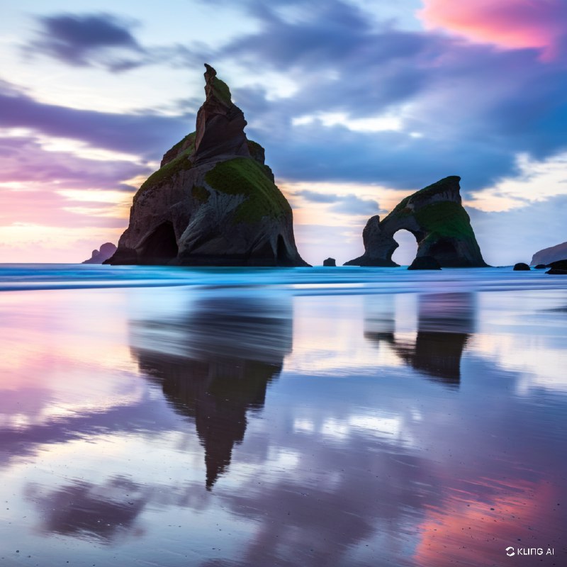 #Bing_Wallpaper新西兰瓦拉里基海滩壮丽的海岸景观，展示了从宁静的大海中冒出的高耸而饱经风霜的岩石地貌，其中一块岩石被时间雕刻出了一个天然的拱门