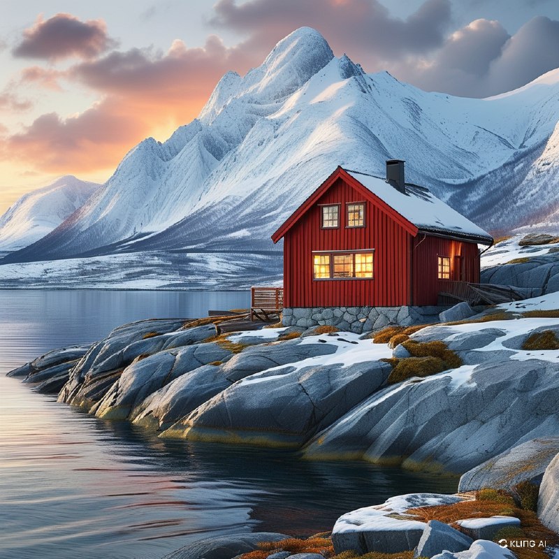 #Bing_Wallpaper鲜艳的红色渔民小屋坐落在挪威Reinefjord的岩石海岸上，背后是雪山覆盖的壮丽景色