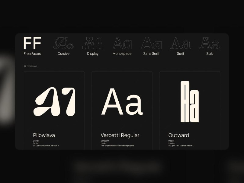 🔠 Free Faces：收集互联网上免费的英文字体🔗：Web🧑🏻‍💻 相信大家之前已经看过各种各样的中文免费字体汇总网站，今天来分享一个网页设计做得蛮不错的英文免费字体网站 Free Faces💡 网页对常见的几种英文字体形式进行了分类，你可以快速找到对应的衬线字体、无衬线字体、手写字体、等宽字体合集👀 针对每个字体，网站都详细介绍了字体样式、授权类型、特点风格和适用场景，你可以前往字体原页面进一步了解