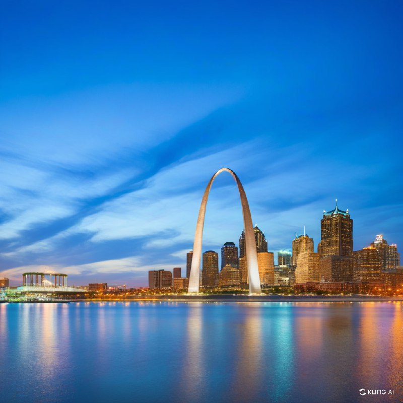 #Bing_Wallpaper“圣路易斯拱门在深邃的钴蓝色黄昏天空映衬下显得格外壮丽，周围环绕着光芒四射的城市景观