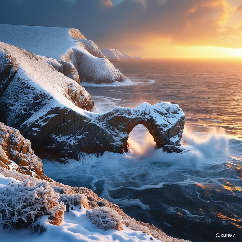 #Bing_Wallpaper超现实的冬季海景位于世界尽头，康沃尔兰兹角被白雪覆盖的悬崖，戏剧性拱形岩石从如梦似幻的海洋中出现，金橙色的日落为冰冷的景观投射出温暖的光辉，深蓝色海洋与白雪形成鲜明对比，崎岖地带上有薄霜的植被点缀，宁静却庄严的氛围，电影般非常细致的视觉风格，捕捉自然的迷人美丽与力量
