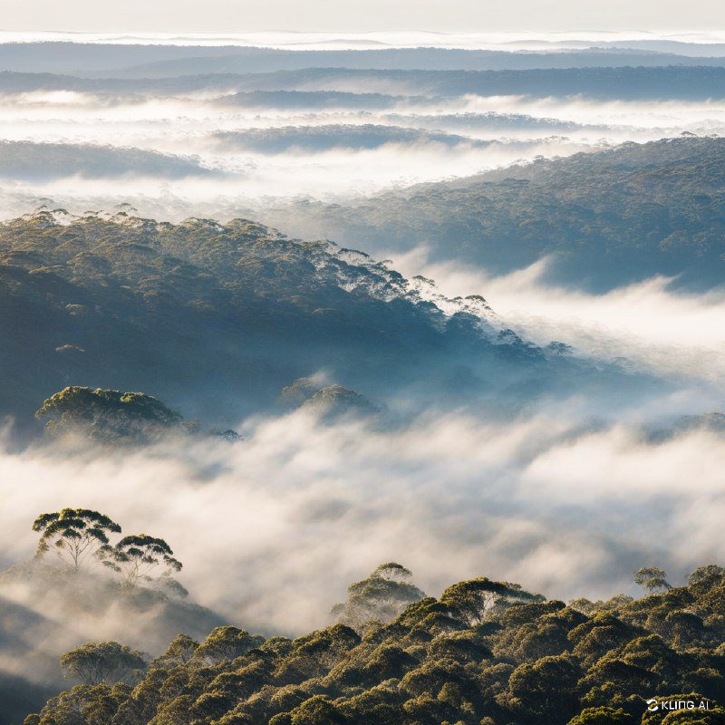 #Bing_Wallpaper"如梦似幻的桉树林笼罩在柔和的晨雾中，金色的阳光穿透薄薄的迷雾层，创造出迷人的光影交错效果，苍翠的绿叶冠覆盖在起伏的地形之上，散布于澳大利亚新南威尔士州蓝山国家公园的梅加隆谷辽阔的山谷中，呈现出一种宁静而超凡的氛围，树木纹理的复杂细节被生动捕捉，柔和的白色与大地色调和谐交融，构成电影般的超细致画面，灵感源自大气的风景摄影以及印象派自然画作