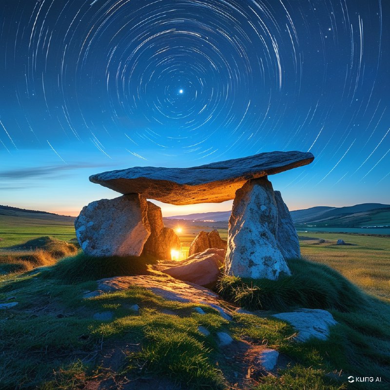 #Bing_Wallpaper“这是一幅神秘的夜景，画面中位于西班牙巴斯克自治区阿拉瓦的庄严索尔吉内切巨石墓（Sorginetxe Dolmen）占据了前景