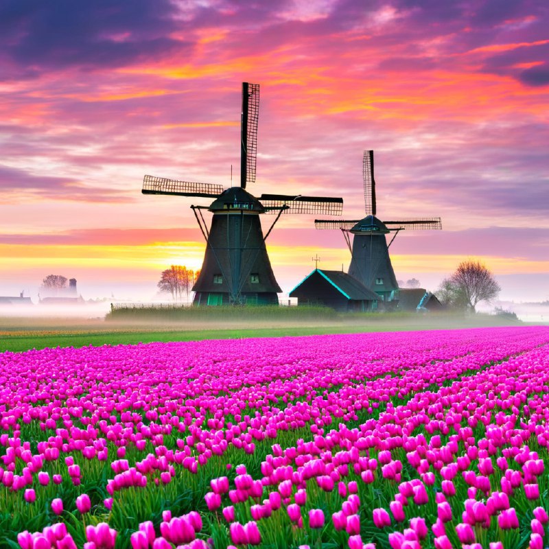 #Bing_Wallpaper“辽阔的田野上盛开着粉色和洋红色的郁金香，一望无际地延伸至地平线，在日出的晨曦下，天边呈现出绚烂多彩的光影——明亮的金黄与紫色交织在柔和的晨雾中
