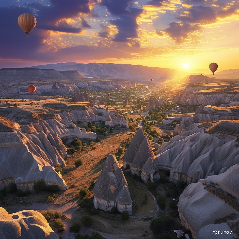 #Bing_Wallpaper"卡帕多西亚格雷梅国家公园在日落时分的迷人鸟瞰图，展现出独特的岩石地貌和阳光洒满山谷的宁静景色，被金色与紫色的光辉所沐浴