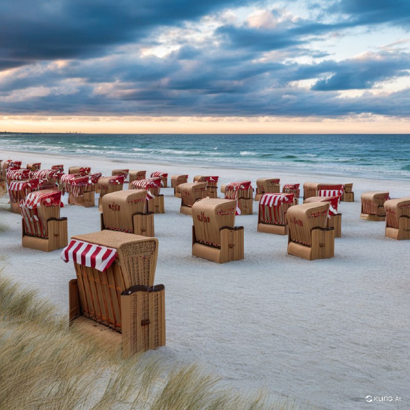 #Bing_Wallpaper波罗的海海滩日落的田园风光，展现了一排排传统的藤编沙滩椅，上方覆盖着红白条纹的顶篷，整齐地摆放在洁白无瑕的沙滩上