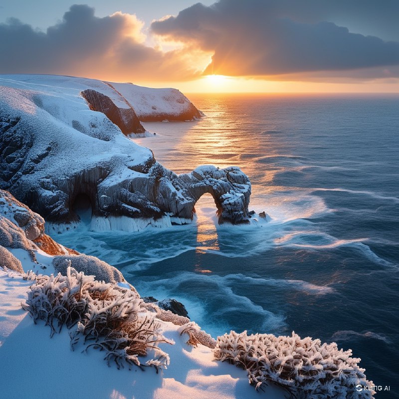 #Bing_Wallpaper超现实的冬季海景位于世界尽头，康沃尔兰兹角被白雪覆盖的悬崖，戏剧性拱形岩石从如梦似幻的海洋中出现，金橙色的日落为冰冷的景观投射出温暖的光辉，深蓝色海洋与白雪形成鲜明对比，崎岖地带上有薄霜的植被点缀，宁静却庄严的氛围，电影般非常细致的视觉风格，捕捉自然的迷人美丽与力量