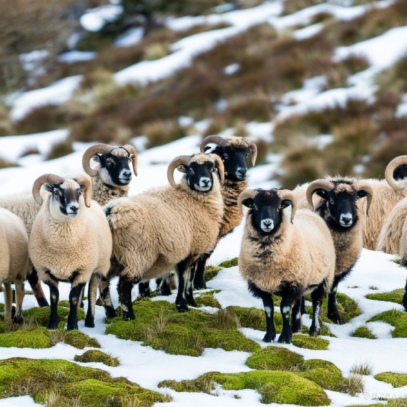 #Bing_Wallpaper一群宁静而威严的长角绵羊站立在新西兰的一处草地上，草地上零星点缀着白雪